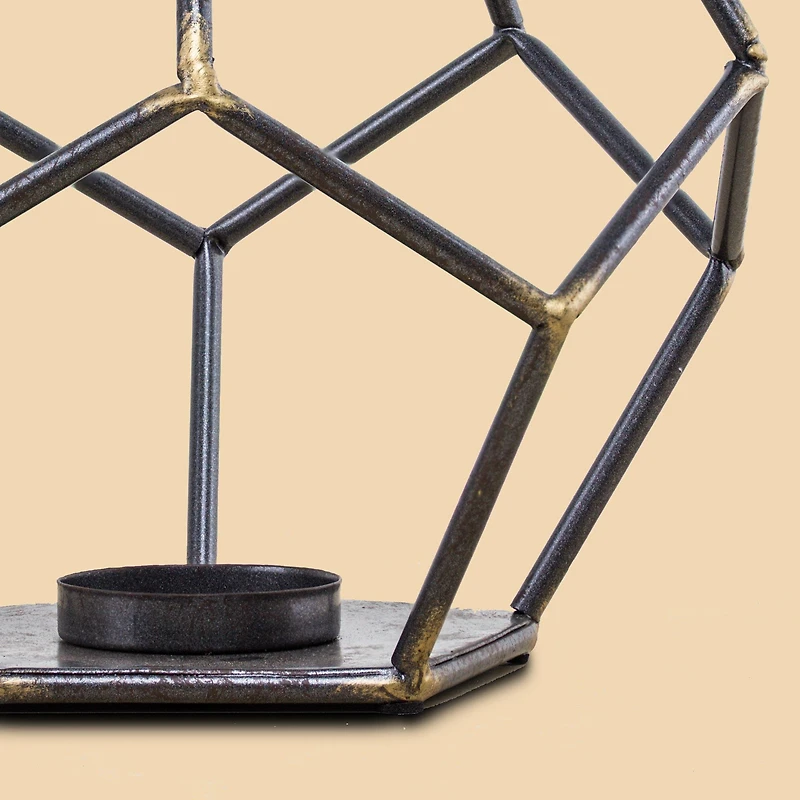 8" Dark Steel & Gold Geometric Metal Candle Holder