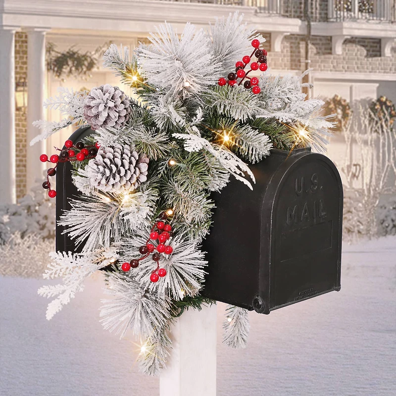 36" x 16" Pre-Lit Flocked Pine Mailbox Swag