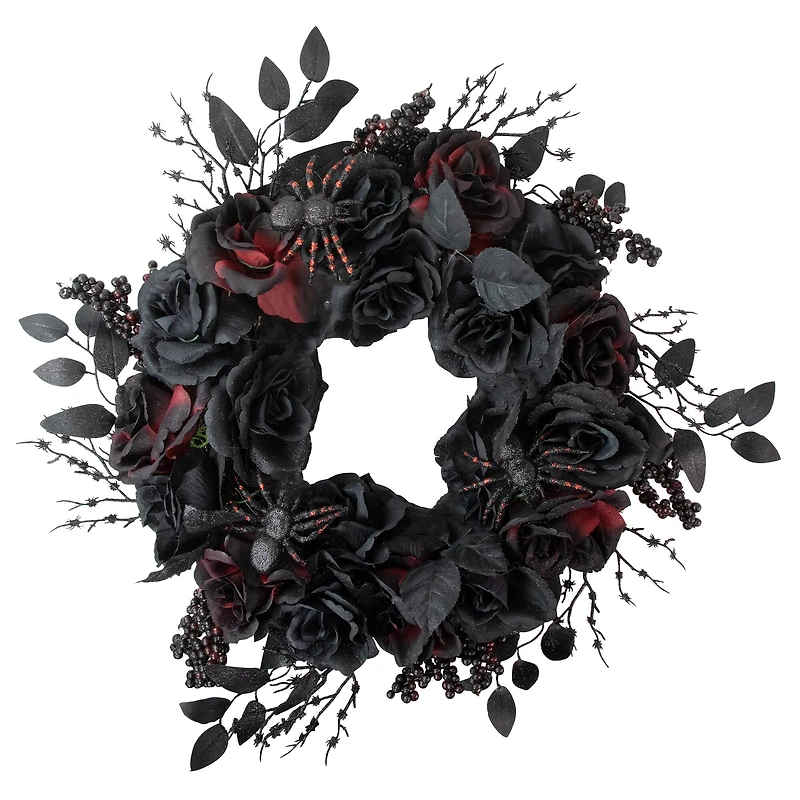 24" Burgundy & Black Roses with Spiders Halloween Wreath