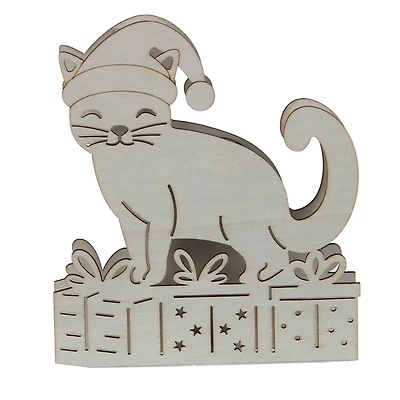 7" Unfinished Cat in Santa Hat DIY LED Wood Décor by Make Market®