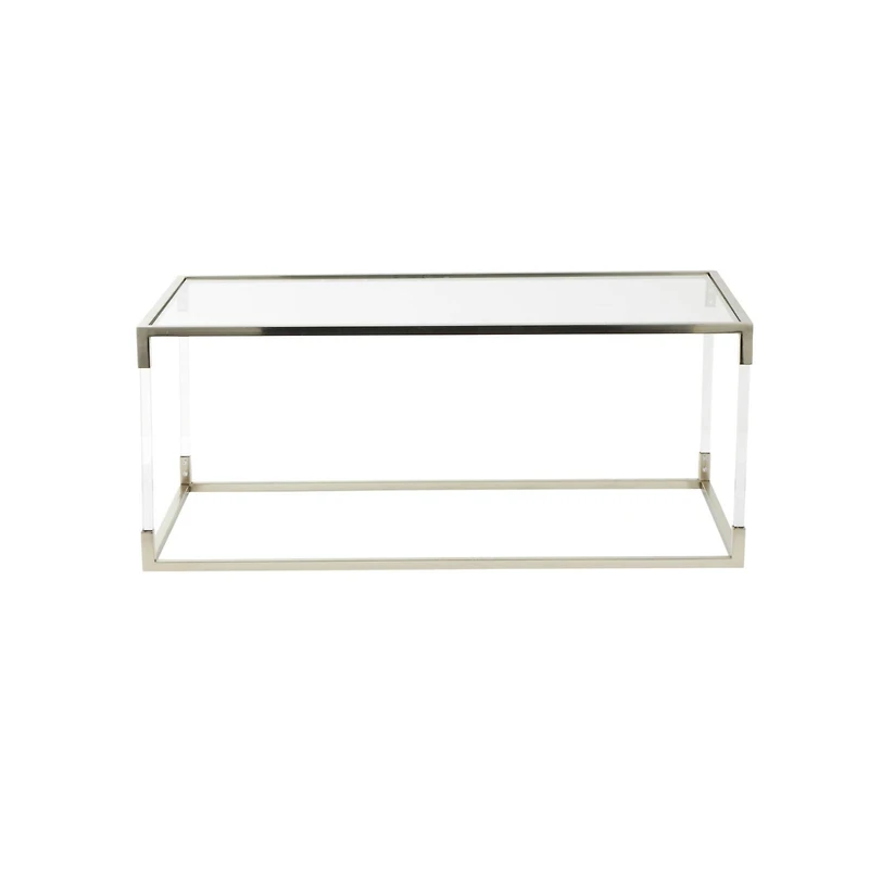 46" Silver Metal Minimalistic Open Framed Living Room Coffee Table with Clear Glass Top & Acrylic Legs