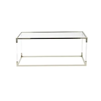 46" Silver Metal Minimalistic Open Framed Living Room Coffee Table with Clear Glass Top & Acrylic Legs