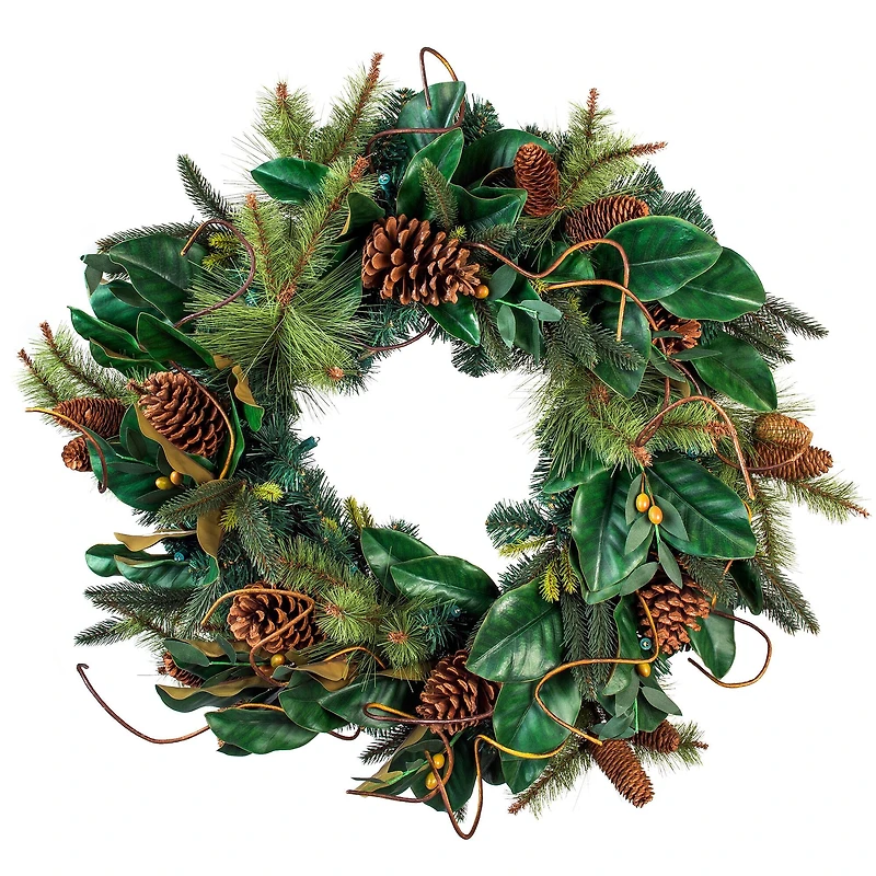 Village Lighting 30" Pre-Lit Magnolia Leaf Christmas Wreath, Clear LED Lights