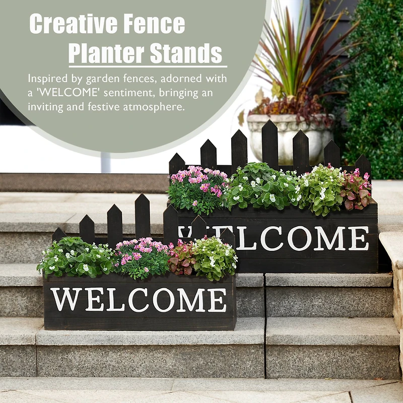Glitzhome® Black Wood WELCOME Fence-Inspired Planter Stand Set