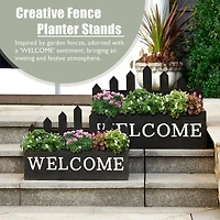 Glitzhome® Black Wood WELCOME Fence-Inspired Planter Stand Set