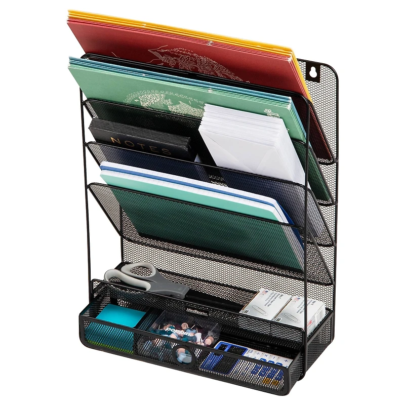 Mind Reader 4-Tier Vertical File Storage, Desktop Organizer, Wall Mount, Office, Metal Mesh, Black