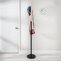 Honey Can Do Black & Natural Wood Modern Freestanding Coat Tree Stand