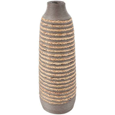 24" Brown Seagrass Handmade Braided Vase with Layered Gray Paneling