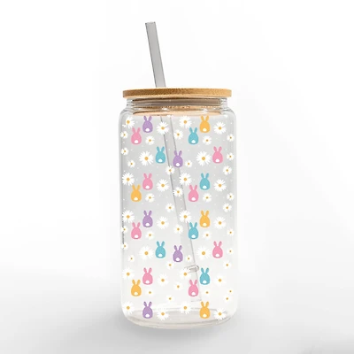 16oz. Pastel Bunny & Daisy Glass Can Cup