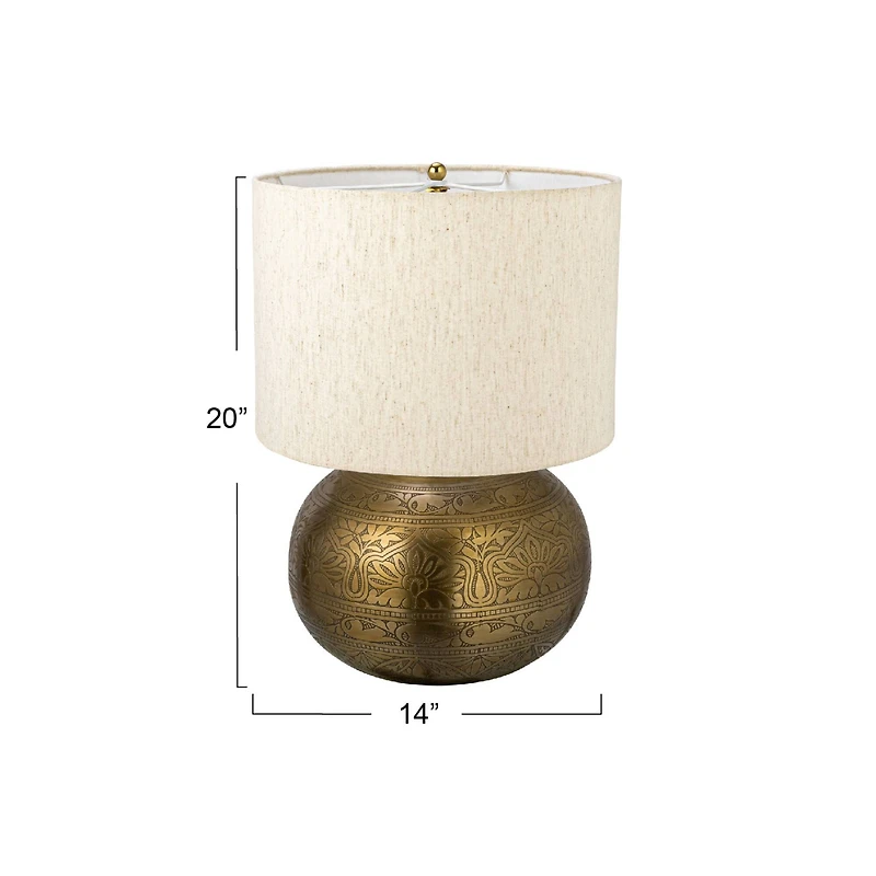 Hello Honey® 20" Antique Brass Finish Round Etched Metal Table Lamp with Cotton Shade