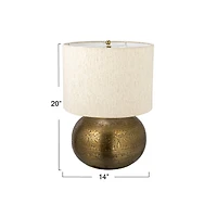 Hello Honey® 20" Antique Brass Finish Round Etched Metal Table Lamp with Cotton Shade