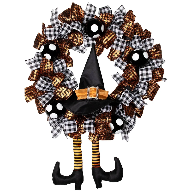 24'' Unlit Orange and Black Witch with Bows Halloween Wreath