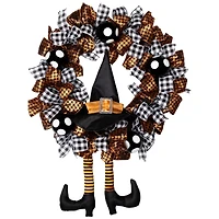 24'' Unlit Orange and Black Witch with Bows Halloween Wreath