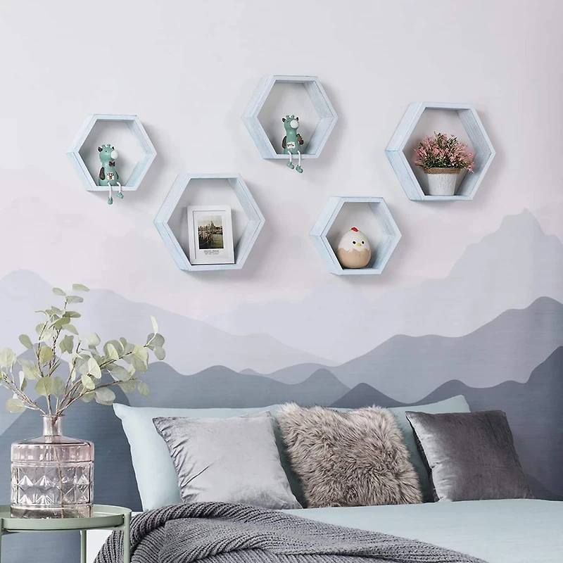 NEX™ Blue Whitewash Wall-Mounted Rustic Hexagon Honeycomb Hanging Shelf Set