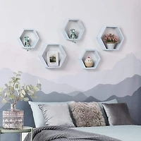 NEX™ Blue Whitewash Wall-Mounted Rustic Hexagon Honeycomb Hanging Shelf Set