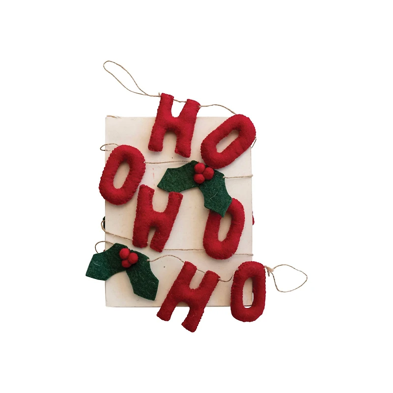 Hello Honey® 6ft. Handmade Wool Felt "HO HO HO" with Holly Leaves & Berries Garland