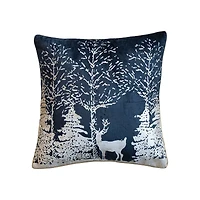 Hello Honey® 20" x 20" Navy & White Square Cotton Velvet Printed Foil Pillow with Winter Scene & Piping