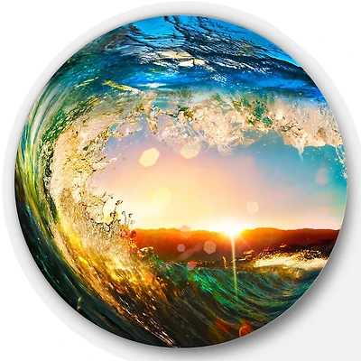 Designart Colored Ocean Seashore Waves Falling Down Metal Circle Wall Art