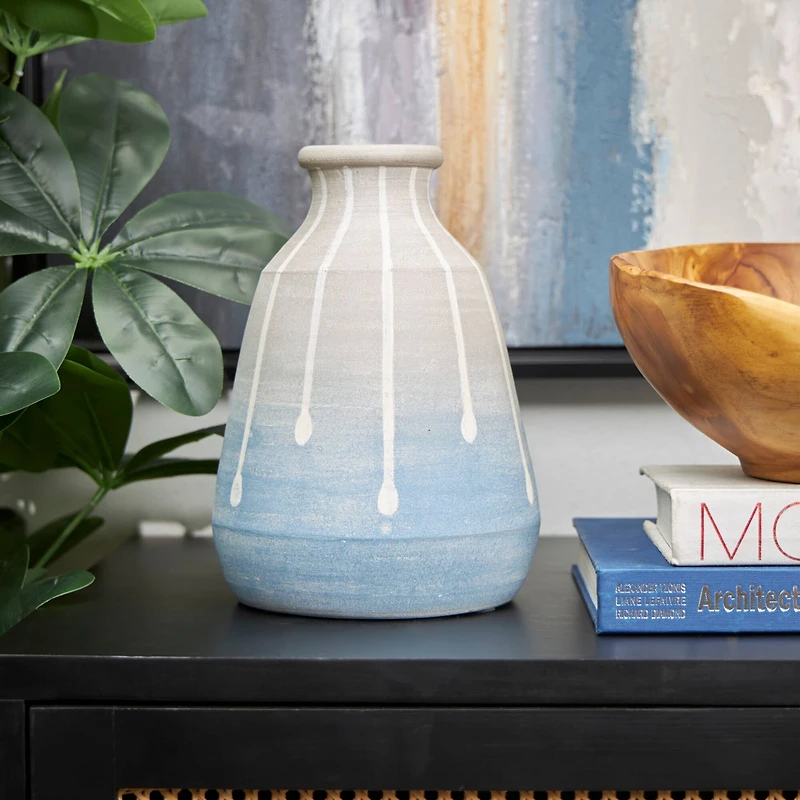 10" Blue & Gray Ceramic Abstract Ombre Drip Vase