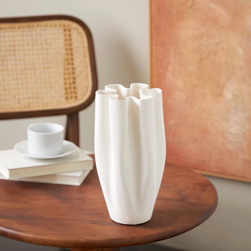 White Ceramic Abstract Ribbed Dimensional Folded Vase with Floral Shaped Rim