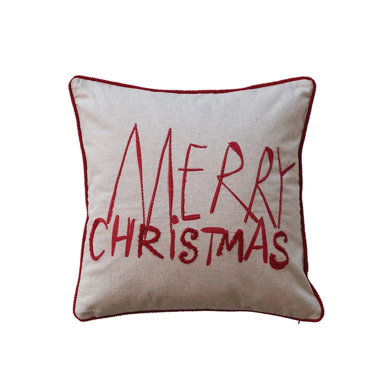 Hello Honey® 18" x 18" Square Natural & Red Merry Christmas Cotton Printed Pillow with Embroidery, Corduroy Back & Piping