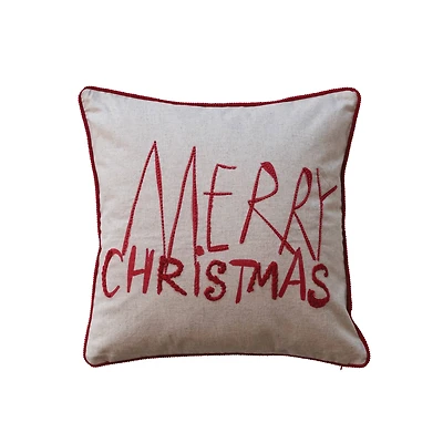 Hello Honey® 18" x 18" Square Natural & Red Merry Christmas Cotton Printed Pillow with Embroidery, Corduroy Back & Piping