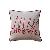 Hello Honey® 18" x 18" Square Natural & Red Merry Christmas Cotton Printed Pillow with Embroidery, Corduroy Back & Piping