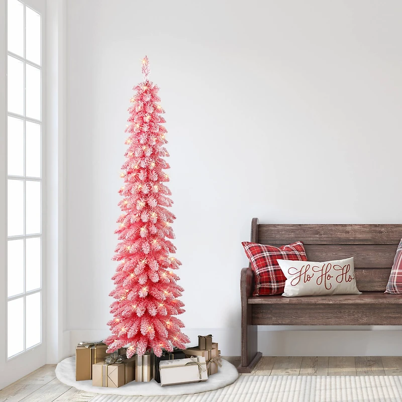 6ft. Pre-Lit Flocked Pink Artificial Alpine Pencil Christmas Tree, Clear Lights