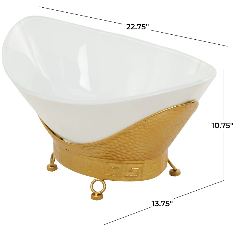 CosmoLiving by Cosmopolitan 23" White Glass Hammered Kitchen Serving Bowl with Gold Metal Stand