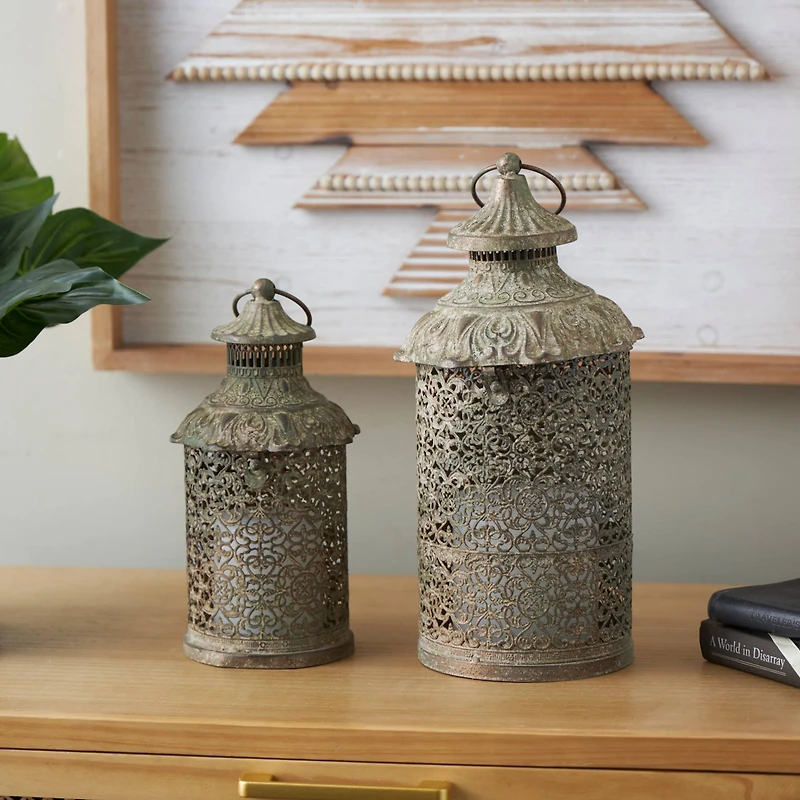 Brown Ornate Scroll Metal Candle Lantern Set