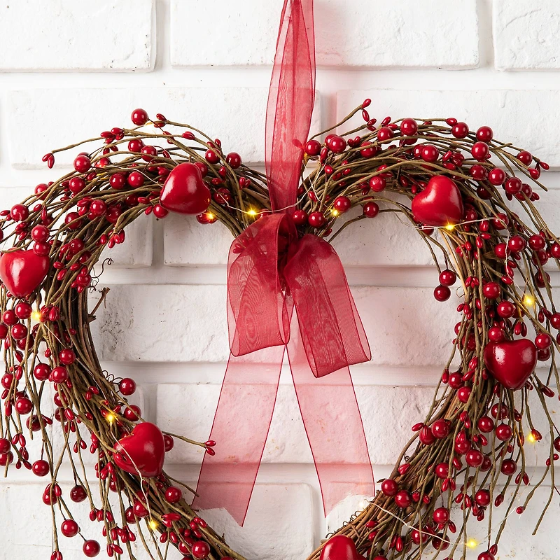 Glitzhome® 17" Lighted Valentine's Berry Heart Wreath