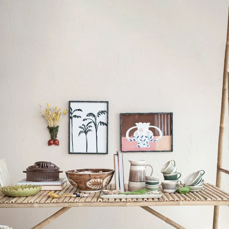 Hello Honey® 8.25" Brown & Cream Round Stoneware Pitcher with Stripes & Crackle Glaze