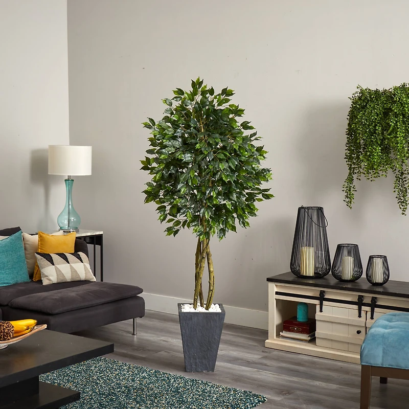6.5ft. UV Resistant Ficus Artificial Tree in Slate Planter