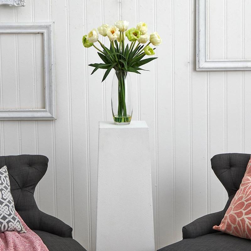 20" White Tulip Floral Arrangement in Clear Vase