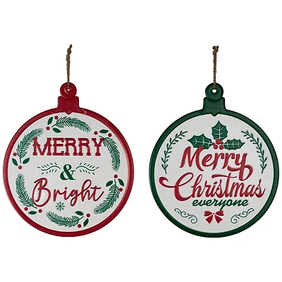 Merry and Bright Ornament Style Metal Christmas Wall Signs - 14" - Red and Green - Set of 2