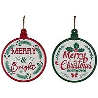 Merry and Bright Ornament Style Metal Christmas Wall Signs - 14" - Red and Green - Set of 2