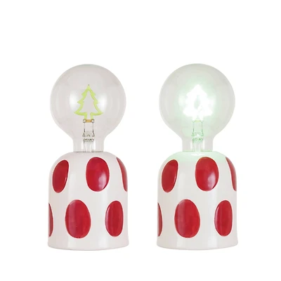 Hello Honey® 7.25" White & Red Dots Stoneware Lamp with Tree Shaped LED Filament Lightbulb