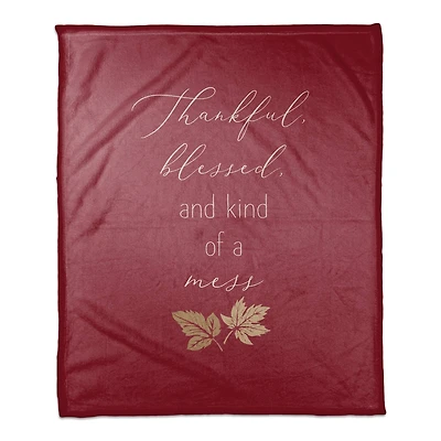Thankful Blessed Mess Leaves Coral Fleece Blanket