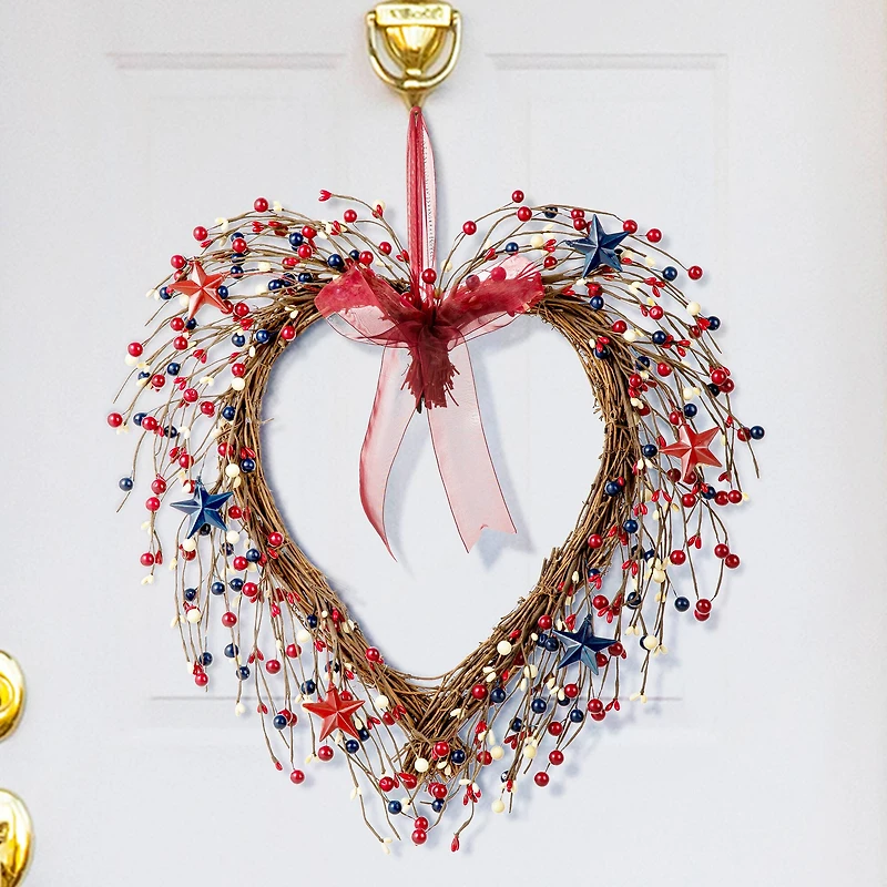 Glitzhome® 17" Patriotic American Berry Heart Wreath