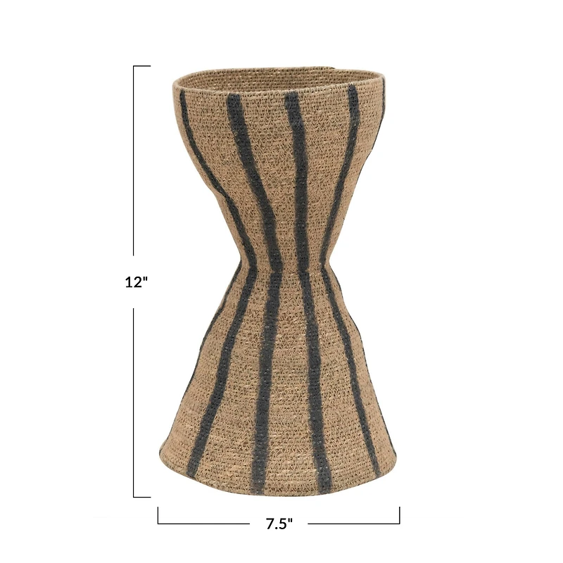 Hello Honey® 12" Natural & Black Hand-Woven Seagrass Hour Glass Shape Vase With Stripes
