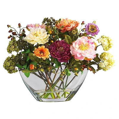 14" Multicolor Peony Arrangement in Glass Vase