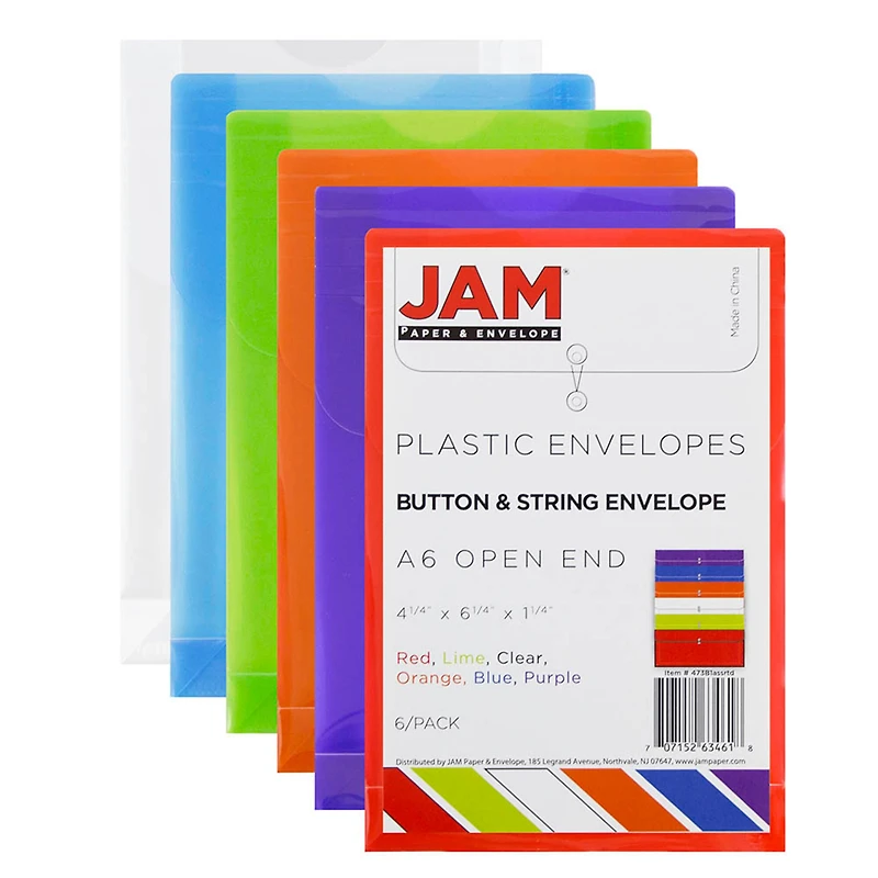 JAM Paper 4.25" x 6.25" Assorted Button & String Tie Closure Plastic Envelopes, 6ct.