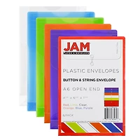 JAM Paper 4.25" x 6.25" Assorted Button & String Tie Closure Plastic Envelopes, 6ct.