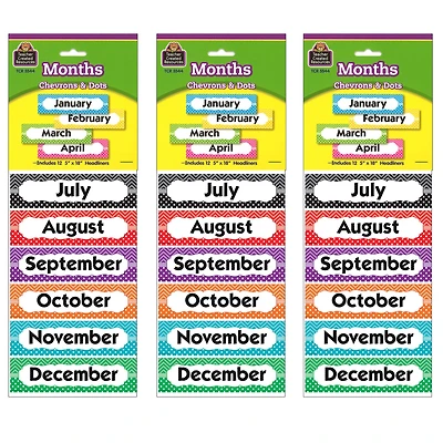 Teacher Created Resources® Chevrons and Dots Monthly Headliners, 12 Pieces Per Pack, 3 Packs of 36