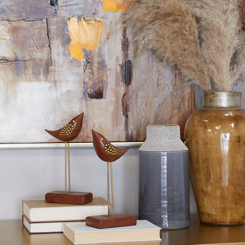 Brown Wood Traditional Bird Sculpture, Set of 2" 3", 10"