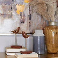 Brown Wood Traditional Bird Sculpture, Set of 2" 3", 10"