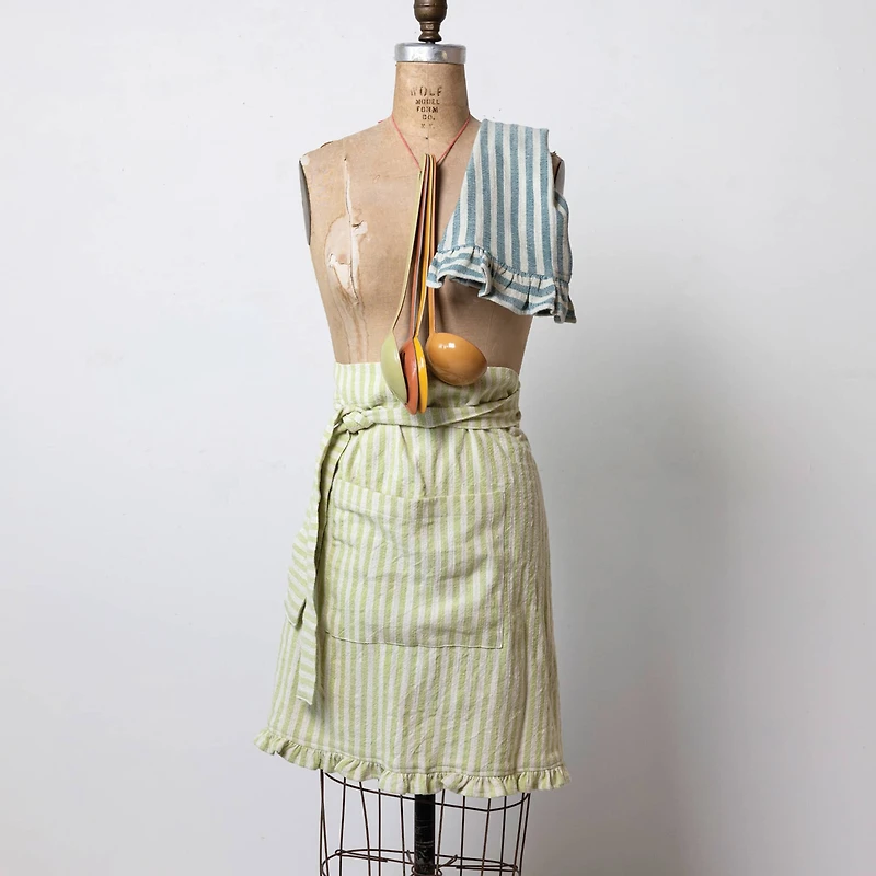 Hello Honey® Natural & Green Striped Cotton Half Apron with Ruffle