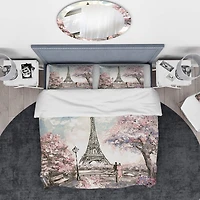 Designart 'Eiffel with Pink Flowers' Global Inspired Bedding Set