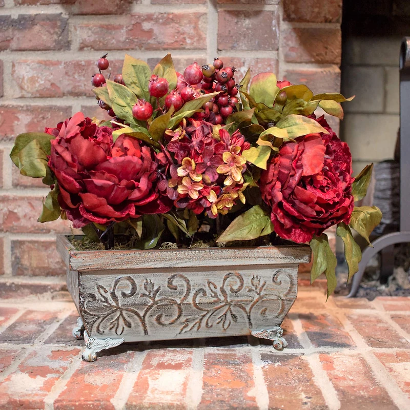 18" Red Peony & Hydrangea Arrangement in Decorative Planter