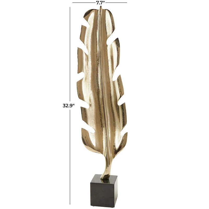 33" Gold Aluminum Bird Feather Sculpture with Black Marble Base